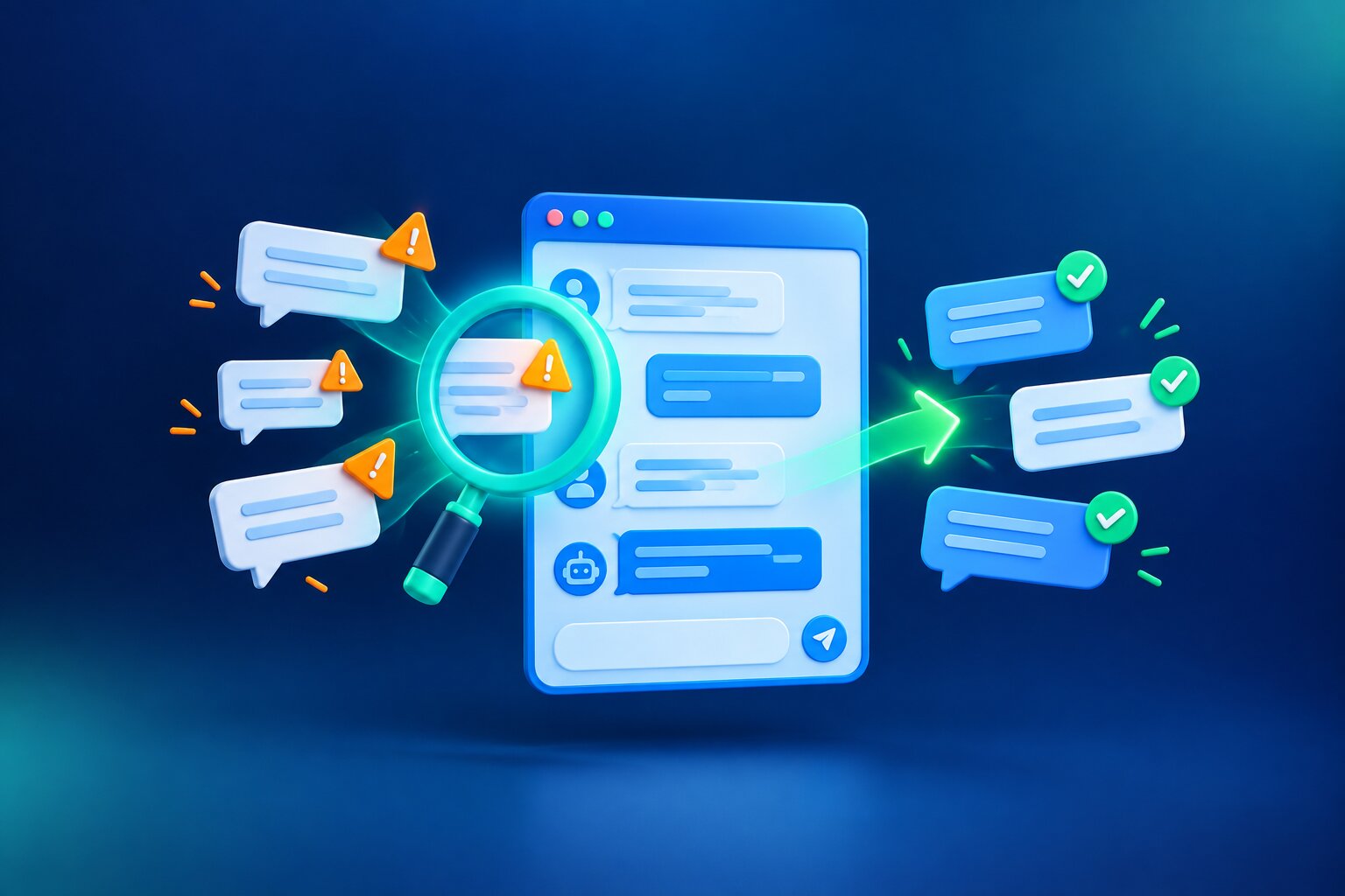 Errores de la atención al cliente con IA: burbujas de chat con avisos que se revisan y pasan a verde