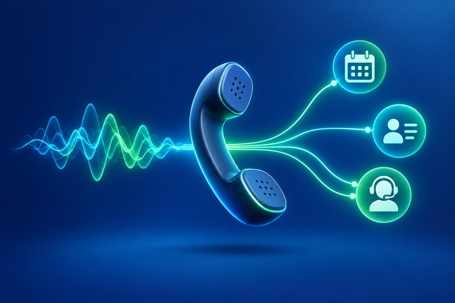 Problemas de los agentes telefónicos con IA: auricular con ondas de voz que se ordenan hacia un calendario, una ficha de cliente y una persona con cascos